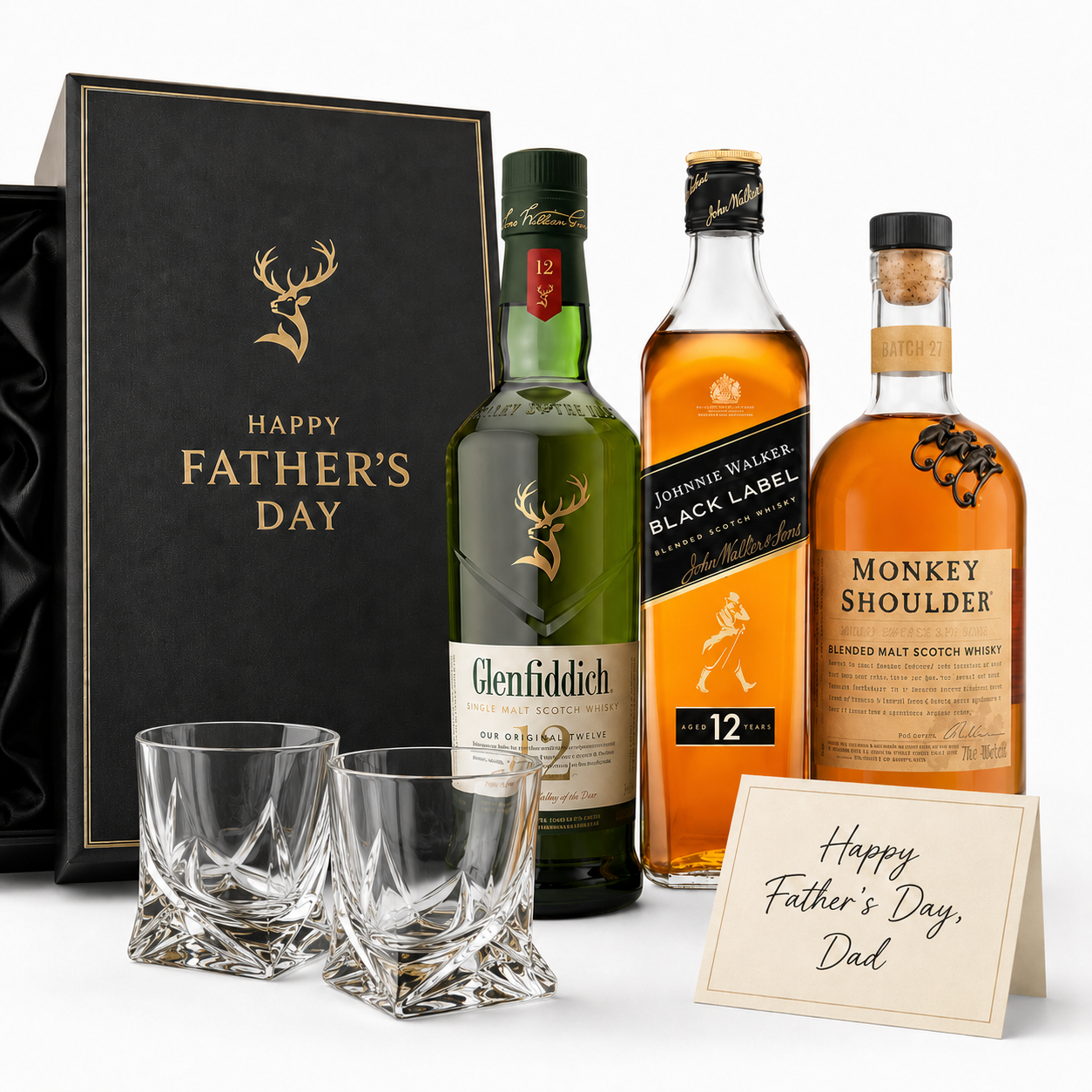 Father’s Day Triple Whisky Gift Box: Glenfiddich 12, Johnnie Walker Black, Monkey Shoulder, 2 Glasses & Personalised Card